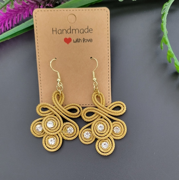 Handmade Art Deco Gold Dangle Earrings - Picture 6 of 6